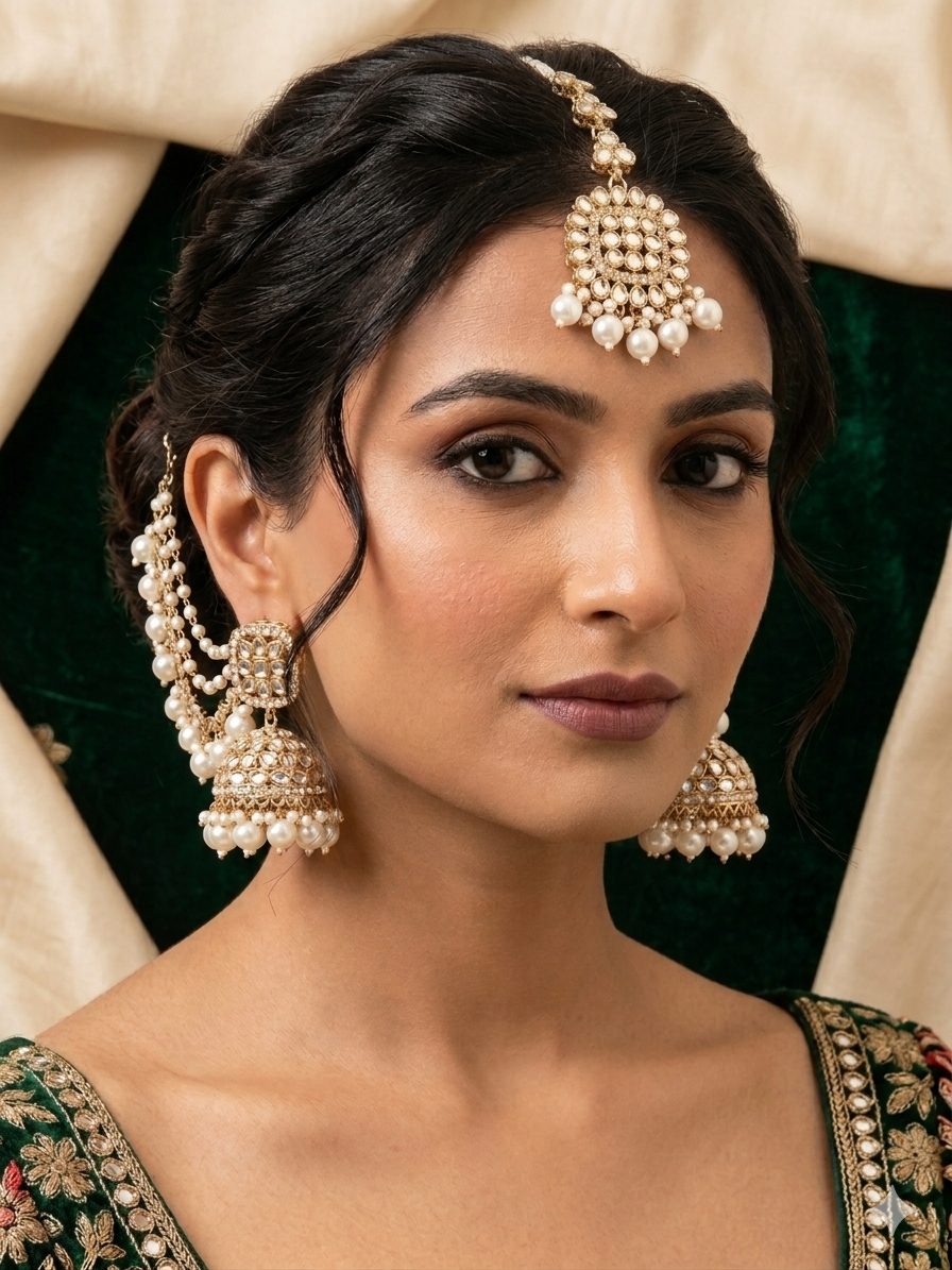 Kundan Jumka Saharay with Maang Tikka Set Earrings Imitation Jewelry