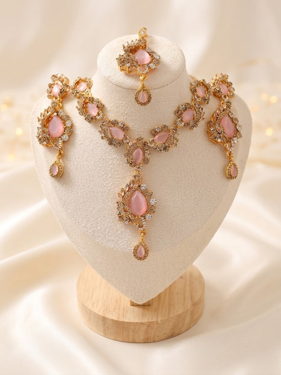 Luxurious Zirconia Necklace Set with Earrings & Tikka – Premium Bridal & Partywear Jewelry (Available in 5 Colors)