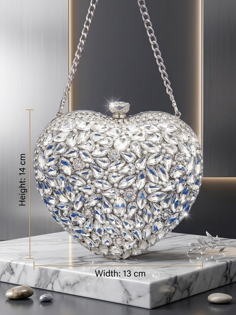 Sparkling Heart-Shaped Crystal Evening Clutch with Chains