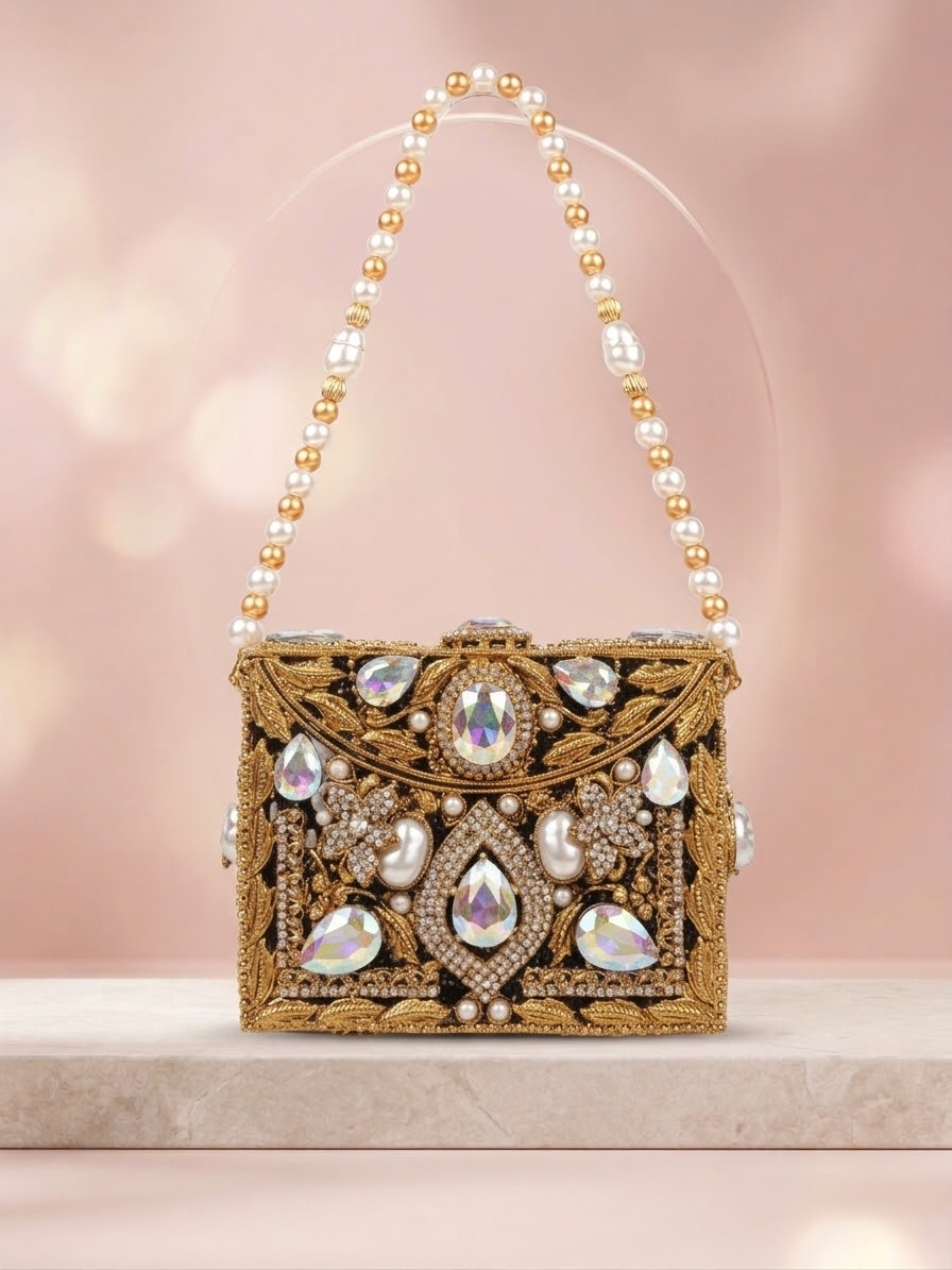 Meherma Luxury Handcrafted Metallic Box Clutch with Pearl Handle (Free Delivery)