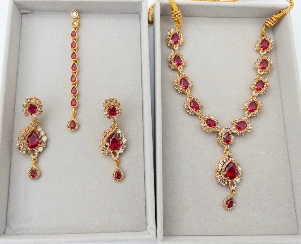 Luxurious Zirconia Necklace Set with Earrings & Tikka – Premium Bridal & Partywear Jewelry (Available in 5 Colors)