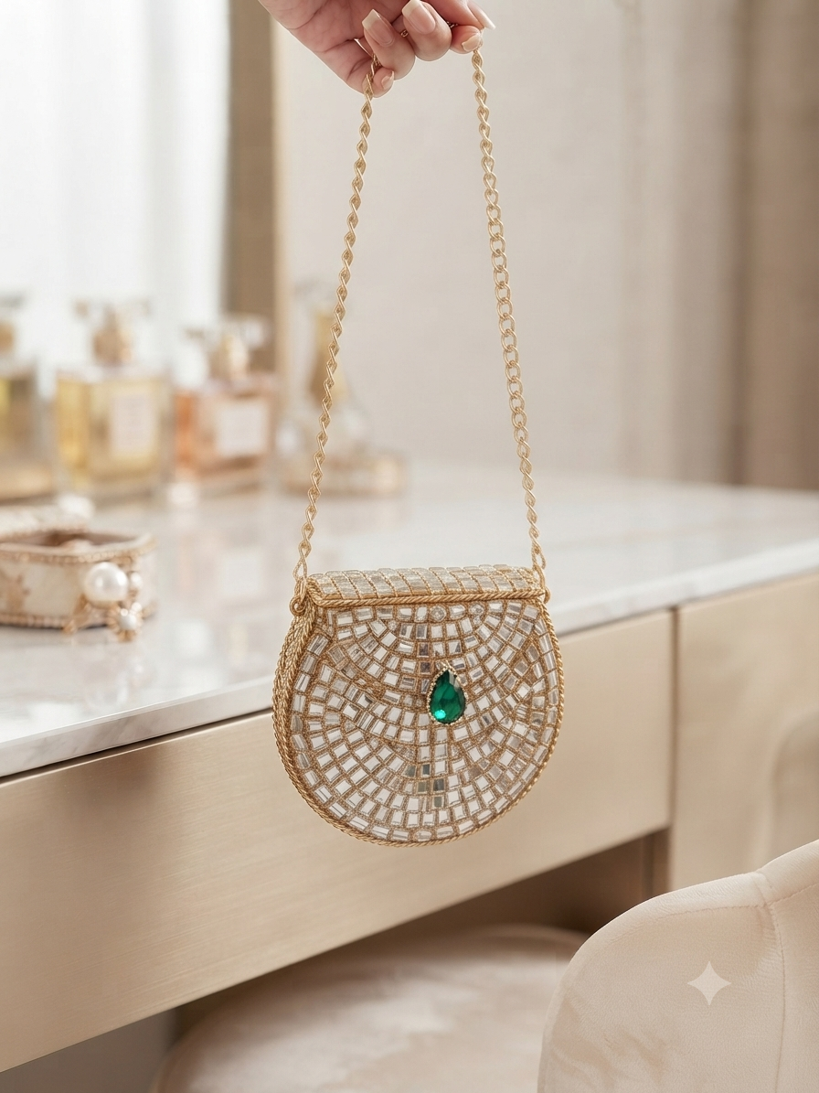 Emerald Green and Gold Kundan Clutch