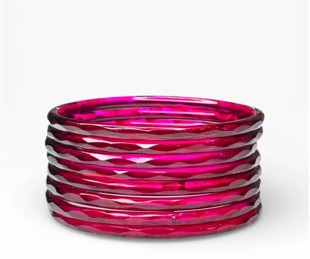 Premium Finish Dark Pink Emerald Cut Faceted Glass Bangles Jelly Design Trendy