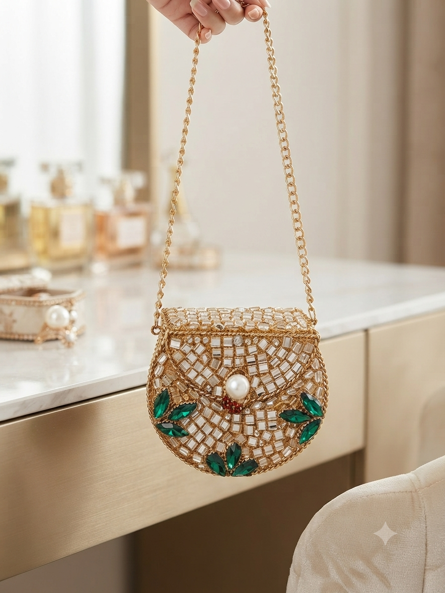 Emerald Green and Gold Kundan Clutch