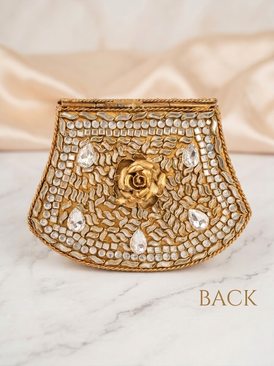 Embellished Gold Kundan Clutch Bag with Crystal & Turkish Pearl Accents