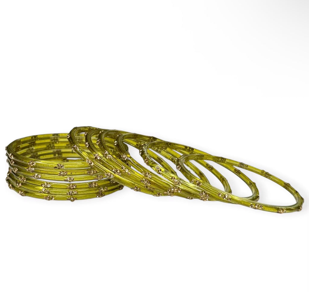 Olive Green Raindrop Glass Kashmiri Bangles set of 12