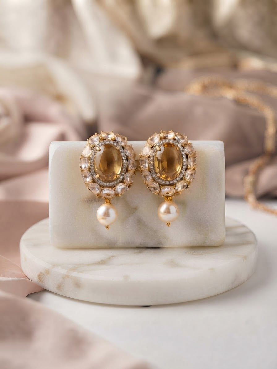 Crystal Glow Pearl Drop Earrings – Elegant Gold-Tone Statement Earrings for Weddings, Parties & Festive Occasions