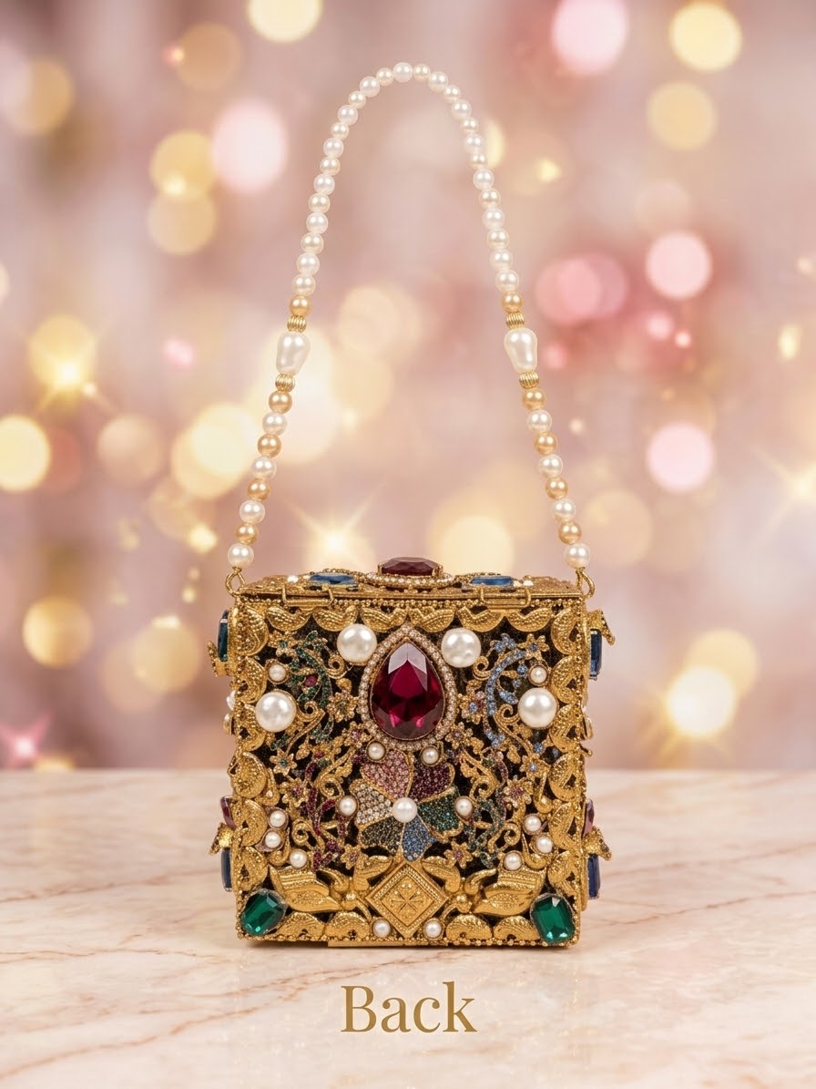 Meherma Luxury Handcrafted Metallic Box Clutch with Pearl Handle (Free Delivery)