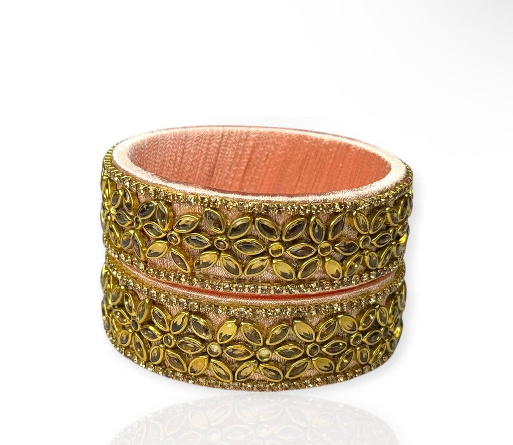 Elegant Peach Color Thread Design Metal Bangle Set Trendy Pearl Border Gold Plated Wedding Festive Wear
