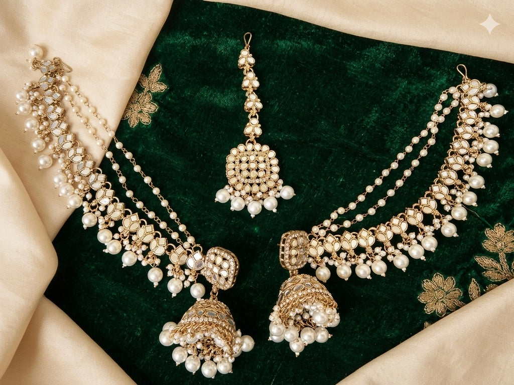 Kundan Jumka Saharay with Maang Tikka Set Earrings Imitation Jewelry