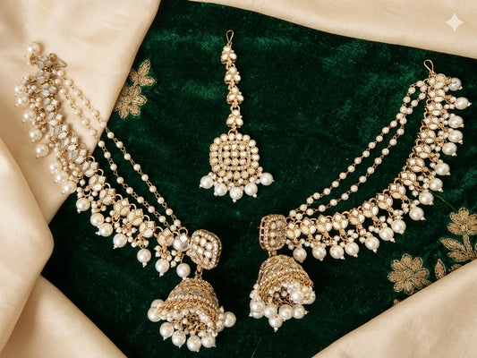 Kundan Jumka Saharay with Maang Tikka Set Earrings Imitation Jewelry