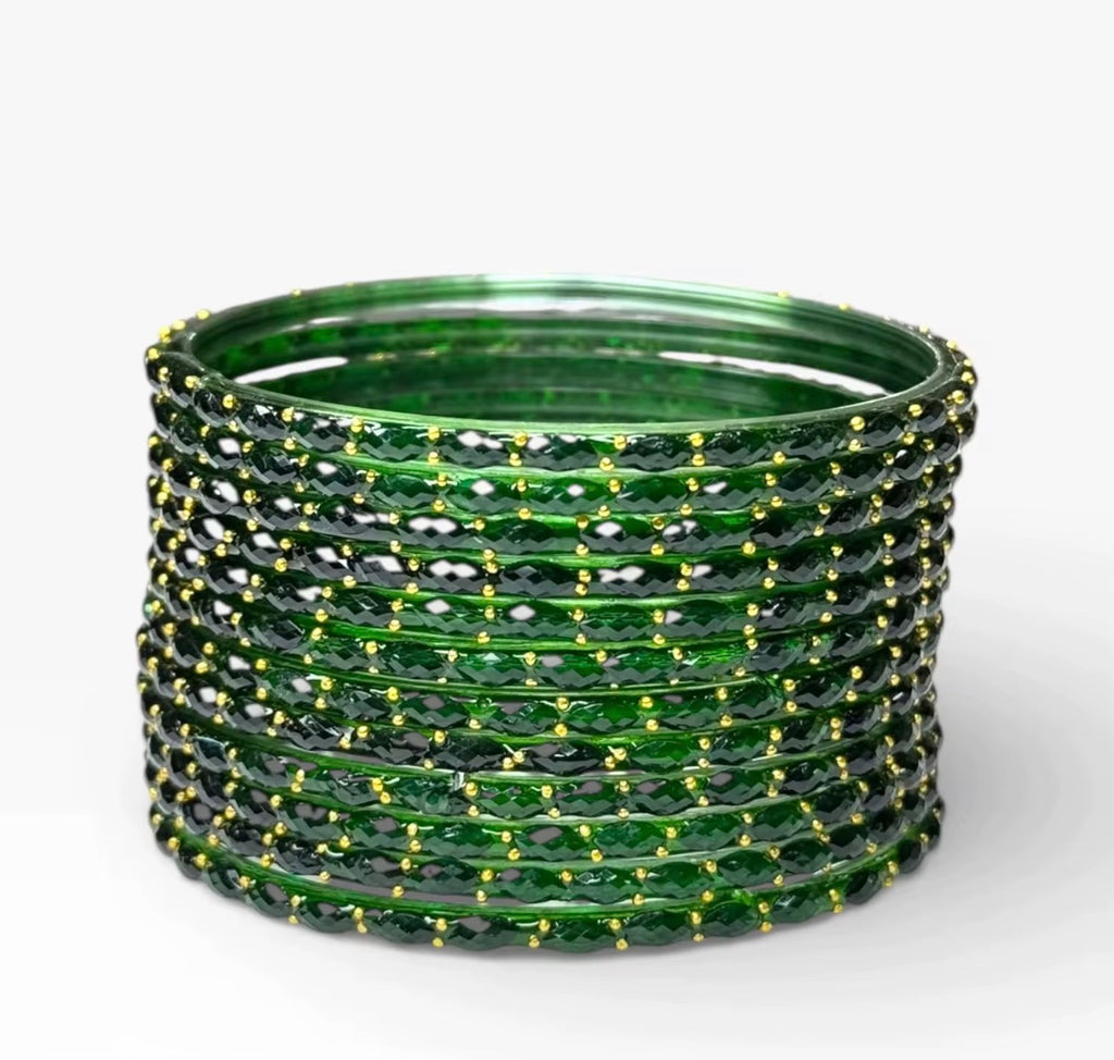 Dark Green Glass Emerald Cut Raindrop Bangles Set Trendy (Set of 12)