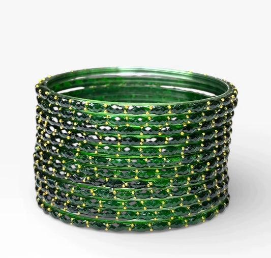 Dark Green Glass Emerald Cut Raindrop Bangles Set Trendy (Set of 12)
