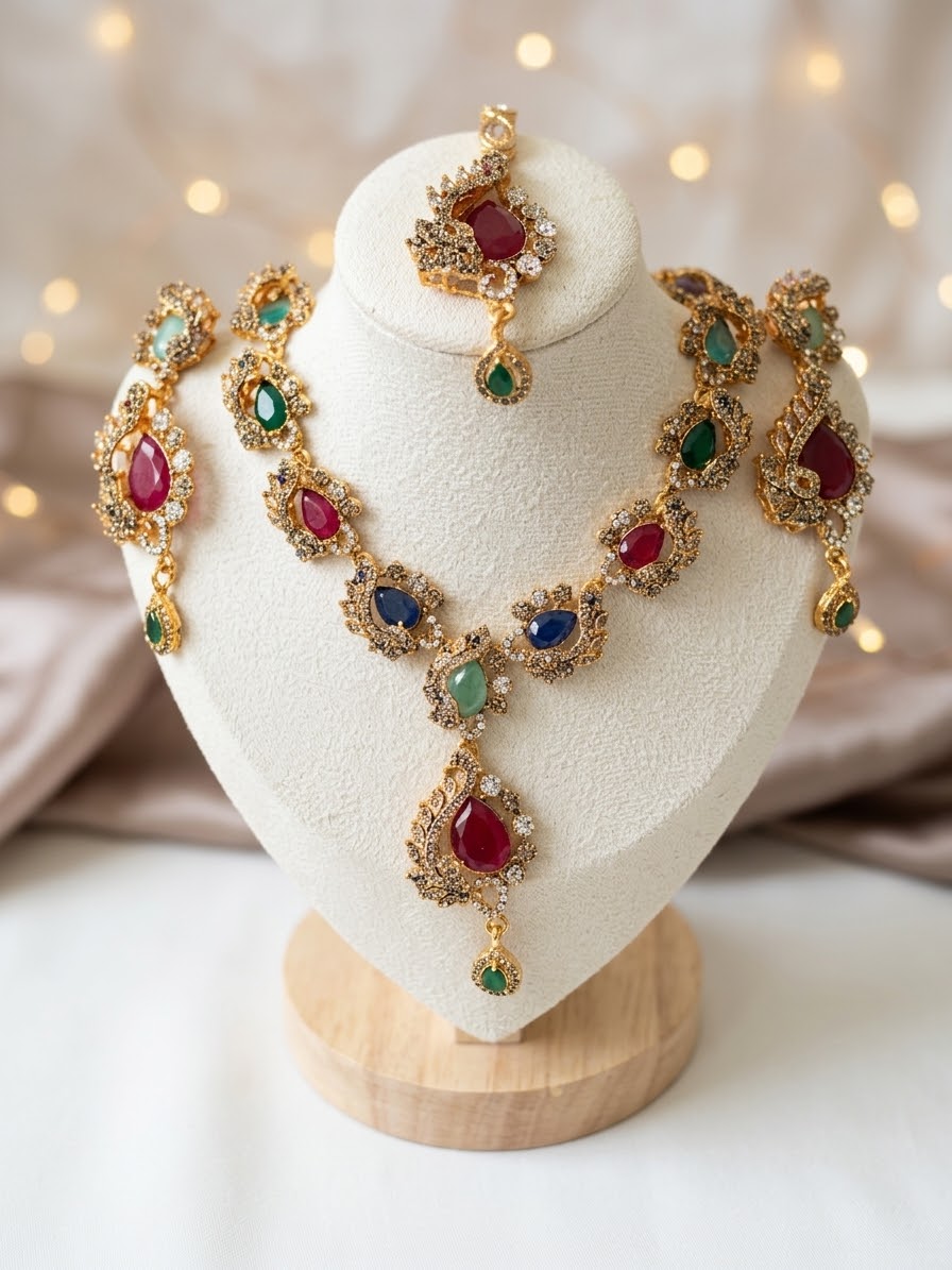 Luxurious Zirconia Necklace Set with Earrings & Tikka – Premium Bridal & Partywear Jewelry (Available in 5 Colors)