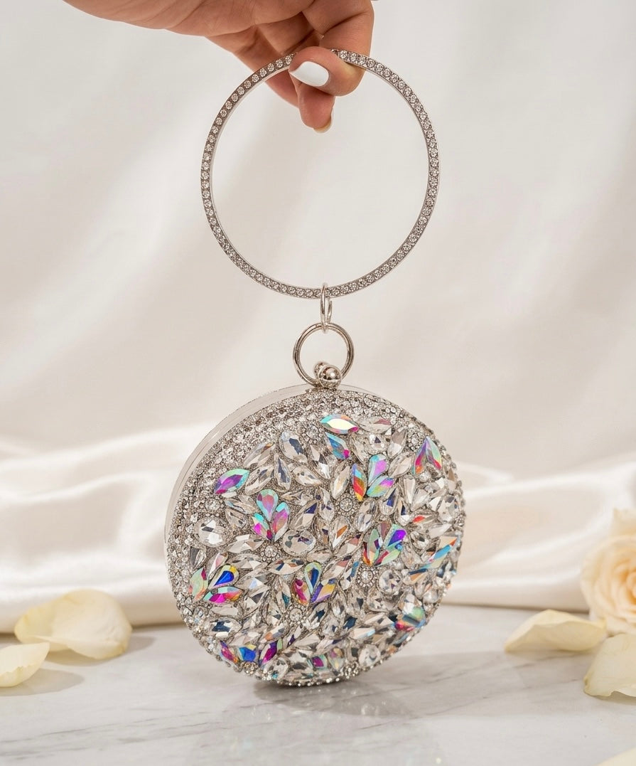 Celestial Sparkle Round Clutch – Silver Hand-Embellished Evening Bag