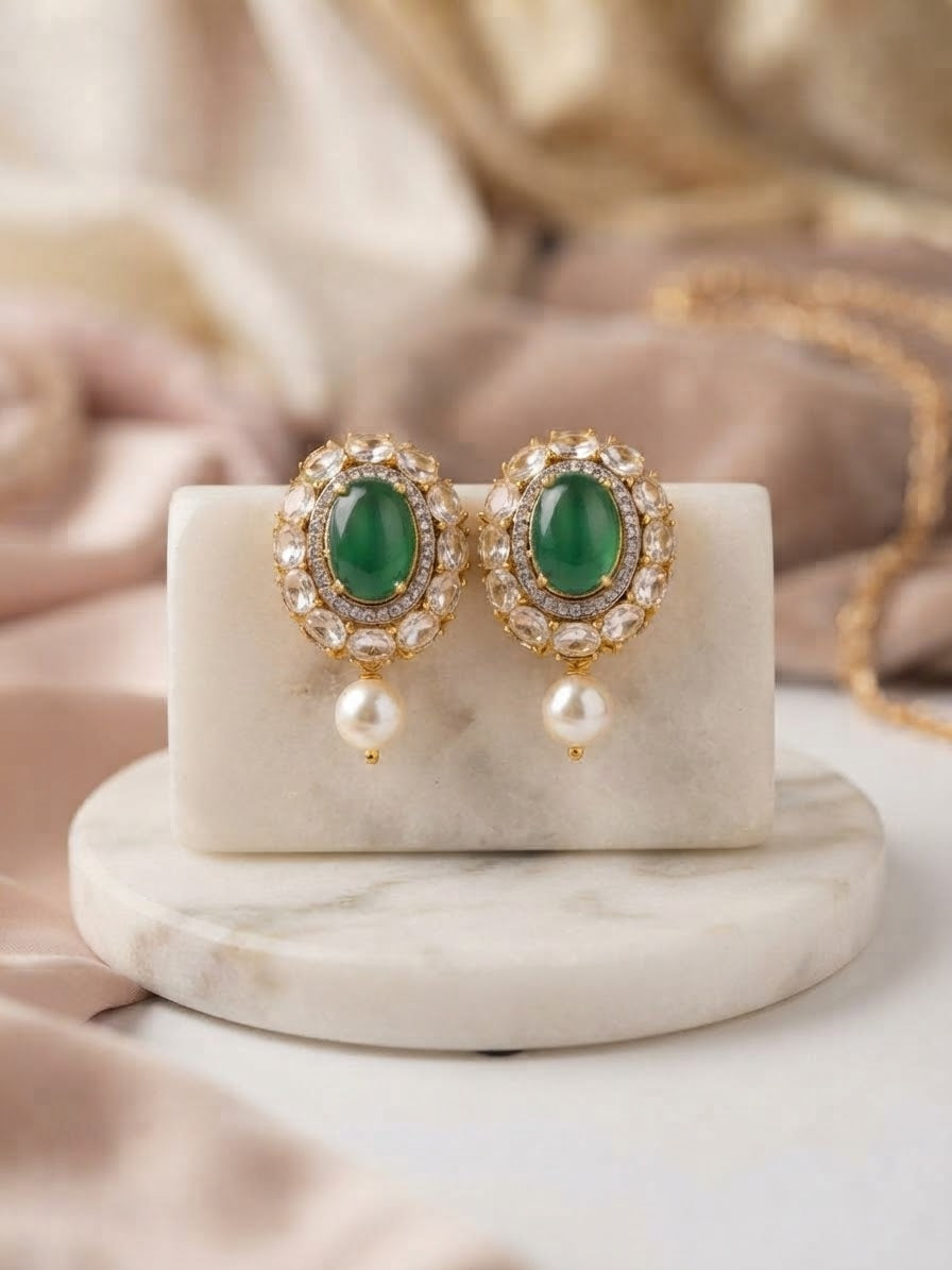 Crystal Glow Pearl Drop Earrings – Elegant Gold-Tone Statement Earrings for Weddings, Parties & Festive Occasions