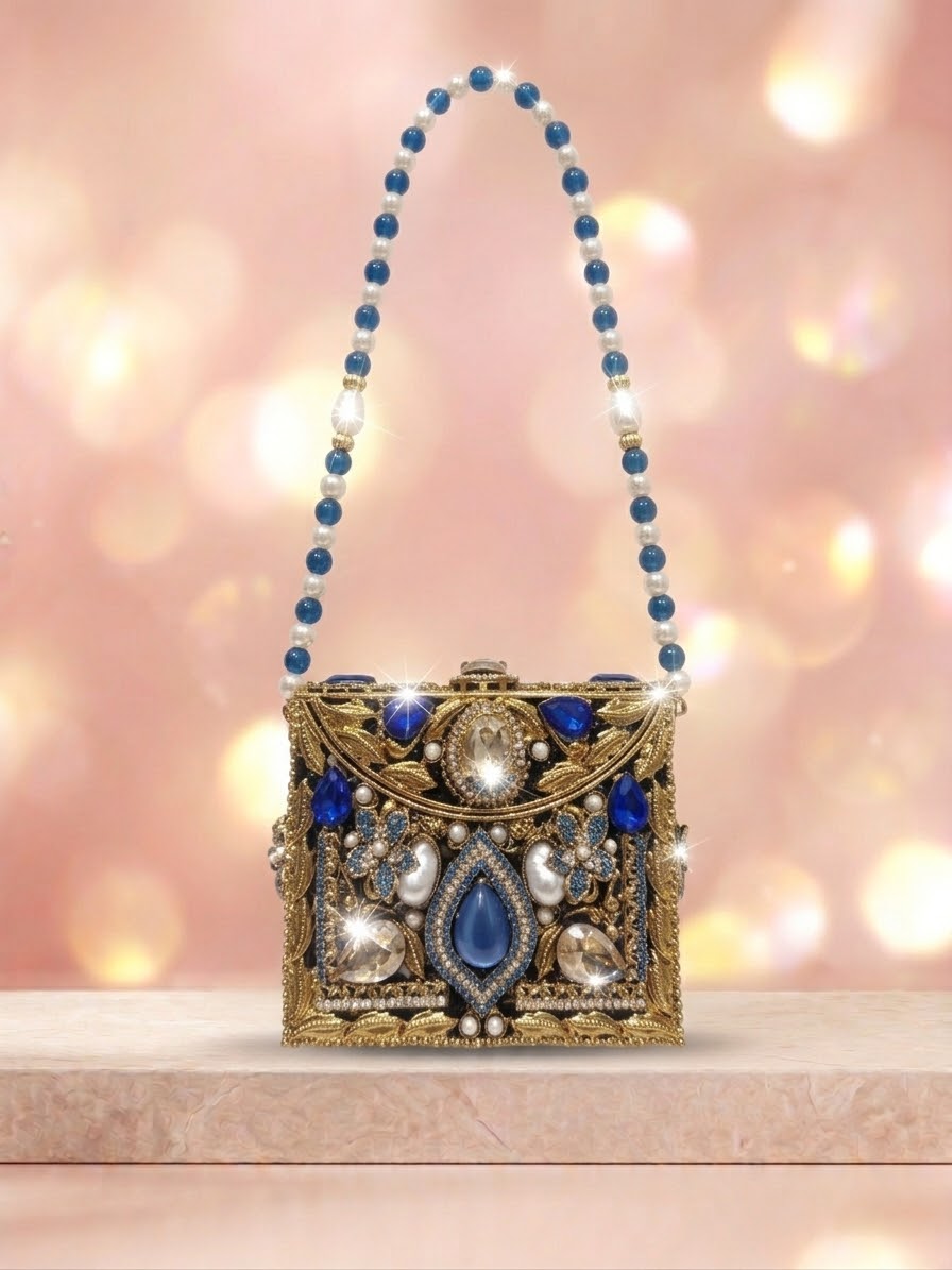 Meherma Luxury Handcrafted Metallic Box Clutch with Pearl Handle (Free Delivery)