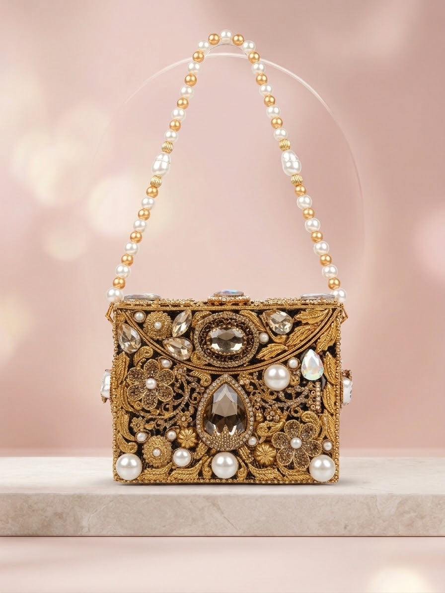 Meherma Luxury Handcrafted Metallic Box Clutch with Pearl Handle (Free Delivery)