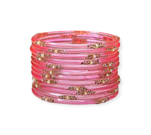Light Pink Glass Bangles Pearl Detailing Trendy Elegant for Weddings and Special Occasions